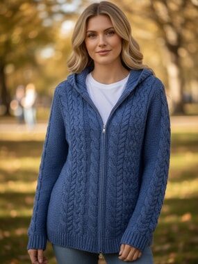 Shades of Aran Merino Wool Cable Knit Zip Hoodie Sweater Blue XL